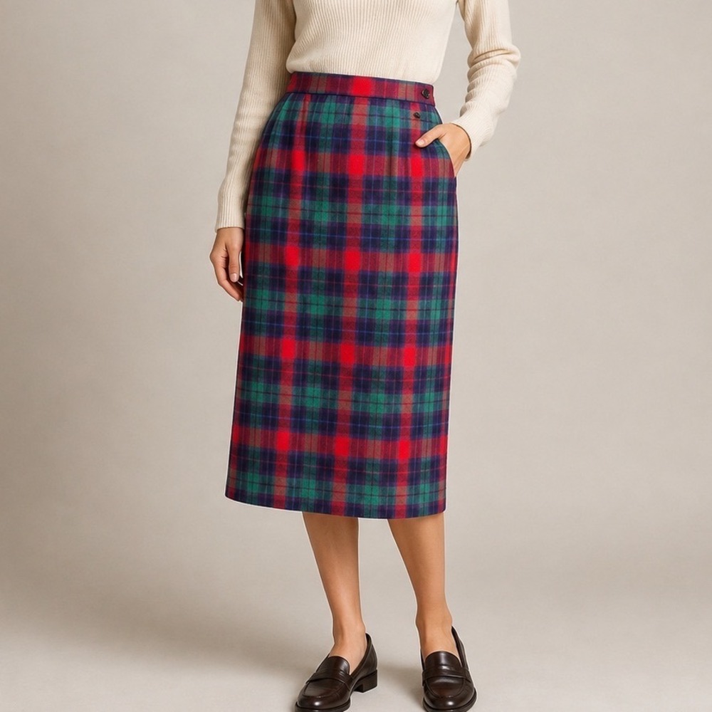 Vintage Personnel Tartan Plaid Wool Midi Skirt Red Green Purple High Waist Prep